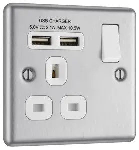 GoodHome Brushed Steel Single 13A Raised rounded Switched Screwed Socket with USB, x2 & White inserts