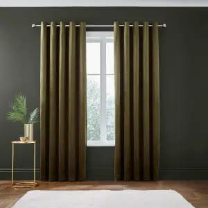 Catherine Lansfield Kingsley Matt Velvet 66x72 Inch Lined Eyelet Curtains Two Panels Olive Green