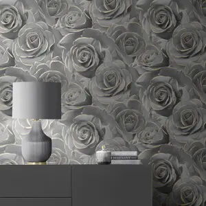 Black Grey Rose Floral Bloom Flowers Gold Glitter Shimmer Feature Wallpaper