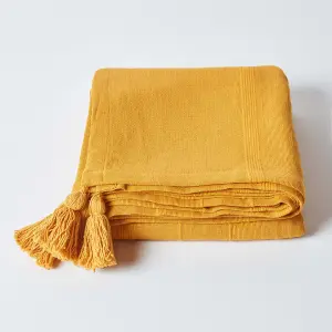 Homescapes Cotton Rajput Ribbed Mustard Throw, 255 x 360cm