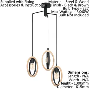 Hanging Ceiling Pendant Light Black & Wood Hoop Shade 3x 40W E27 Bulb