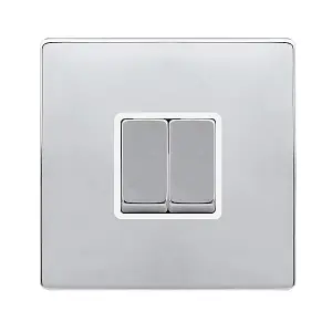 Polished Chrome Screwless Plate 10A 2 Gang 2 Way Ingot Light Switch - White Trim - SE Home