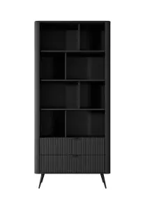 Lante Modern Black Bookcase 880mm H1940mm D380mm with Eight Open Compartments and Two Drawers