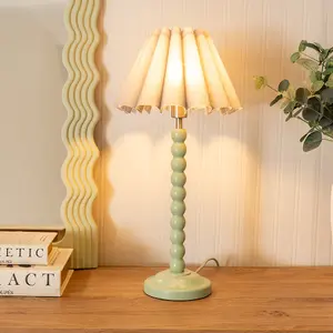 ValueLights Bobbins Sage Green Table Lamp with Grey Scallop Tapered Lamp Shade and LED Bulb