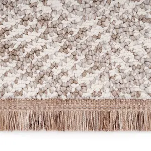 Neutral Beige Brown Diamond Scandi Fringed Area Rug 200cm x 290cm