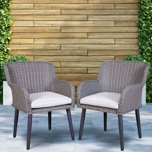 Dellonda Buxton Rattan Wicker Outdoor Dining Armchair & Cushions, Set of 2, Grey