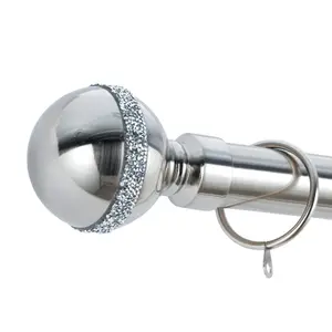 A.Unique Home Diamante Ball Metal Extendable Curtain Pole with Rings and Fittings (25/28mm) - Brushed Steel, 180cm - 340cm Approx