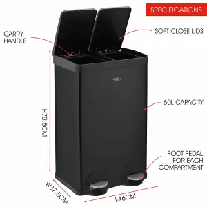 Kitchen Rubbish Recycling Pedal Bin 60L Dual 2 Waste Compartment Black