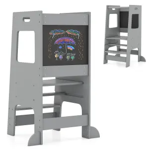 COSTWAY Kids Step Stool Baby Kitchen Helper with Chalkboard & Adjustable Step