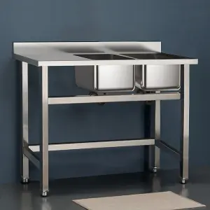 2 Compartment Commercial Floorstanding Stainless Steel Kitchen Sink with Left Drinboard