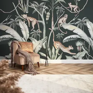 Sleepy Leopards Mural In Bottle Green (350cm x 240cm)