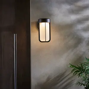 Matt Black Outdoor Wall Light & Frosted Glass Shade IP44 Rated 8W LED Module