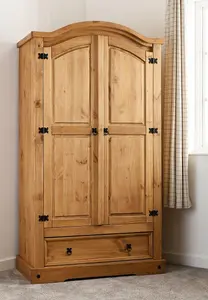 Corona 2 Door 1 Drawer Wardrobe in Distressed Waxed Pine