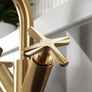 Connect Mono Basin Mixer Tap with Crosshead Handles & Push Button Waste - Brushed Brass - Balterley