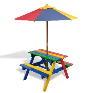 Berkfield Kids' Picnic Table with Benches and Parasol Multicolour Wood