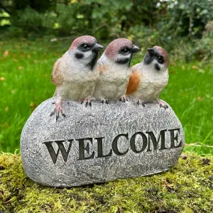 WELCOME Birds (Finches) sign garden or patio decoration, stone effect, garden bird lover gift