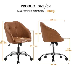 Yaheetech Height Adjustable Swivel Desk Chair with Castors and Armrests - Brown / Faux Leather