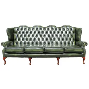 Chesterfield 4 Seater Flat Wing High Back Antique Green Real Leather Sofa In Queen Anne Style