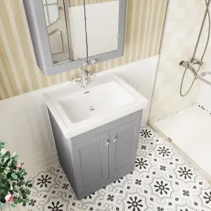 Traditional Floor Standing 2 Door Vanity Unit with 1 Tap Hole Fireclay Basin, 600mm - Satin Grey