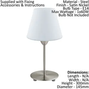 Table Lamp Colour Satin Nickel Base Shade White Glass Opal Matt Bulb E14 1x60W