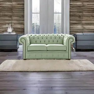 Chesterfield 2 Seater Shelly Thyme Green Leather Sofa Settee Bespoke In Classic Style