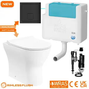 Bubly Bathrooms™ Back To Wall Toilet Rimless D Shape BTW Pan & Side Entry Dual Flush Concealed Cistern Set - Black Square Plate