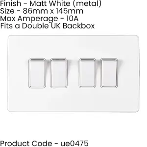 3 PACK 4 Gang Quad Light Switch SCREWLESS MATT WHITE 2 Way 10A Slim Rocker