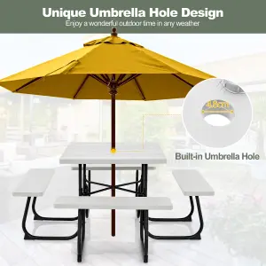 Costway 8 person Square Picnic Table Bench Set Outdoor Circular Table W/ 4 Benches & Umbrella Hole, White