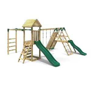 Rebo Wooden Climbing Frame with Swings, 2 Slides, Up & over Climbing wall and Monkey Bars - Pennine