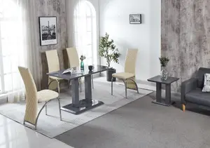 Modernique Rocco Grey Gloss Finish MDF Dining Table with 4 Cream Faux Leather Dining Chairs