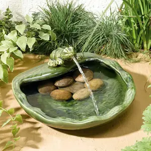 Solar Powered Frog Design Cascade Fountain - Green Glazed Ceramic Outdoor Garden Water Feature - Measures H16 x W37 x D32cm