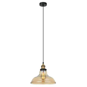 Luminosa Industrial And Retro Hanging Pendant Black, Gold 1 Light  with Amber Shade, E27 Dimmable