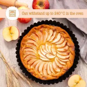 Quiche Dish - 2 Pack 22cm Round Carbon Steel Quiche Tins with Non-Stick Coating & Loose Base - Fluted Tart & Pie Baking Tins