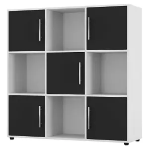 URBNLIVING 91cm Height 9 Cube Bookcase White Wood Black Door Metal Handle Display Storage Shelf