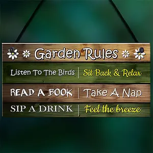 Red Ocean Garden Rules Sign - Funny Garden Signs and Plaques - Novelty Outdoor Garden Shed Plaques - Hanging Decoration Signs