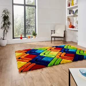 MultiColoured Shaggy Funky Modern Geometric Rug for Bedroom & Living Room-120cm X 170cm