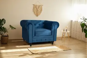 Velvet Chesterfield Arm Chair - Navy Blue