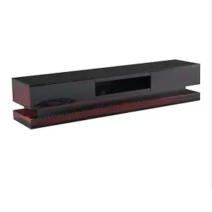 Step TV Stand With Storage for Living Room and Bedroom, 1800 Wide, LED Lighting, Media Storage, Black High Gloss Finish