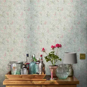 Laura Ashley Duck Egg & Pink Mosedale Posy Smooth Wallpaper