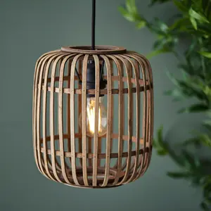 Luminosa Mathias Single Pendant Ceiling Lamp, Natural Bamboo, Plywood, Matt Black Paint