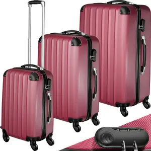 Suitcase Set - 3 hard-shell suitcases with telescopic handle, swivel wheels - red