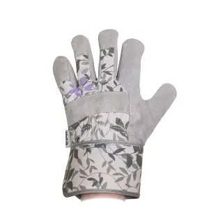 Mulch. Suede Palm Gardening Gloves - Extended Cuff - Lavender & Green Leaf Print - Medium Size 8 - 1 Pair