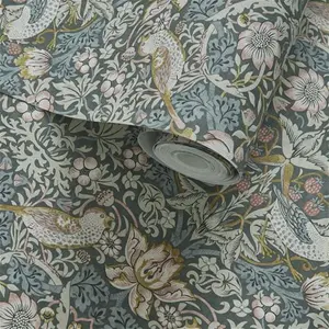 Strawberry Thief William Morris 10.05m X 52cm Matte Wallpaper Roll William Morris Designs By Clarke & Clarke Colour: Slate/Blush