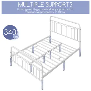 Yaheetech White 4ft6 Double Metal Bed Frame with Vintage Headboard and Footboard