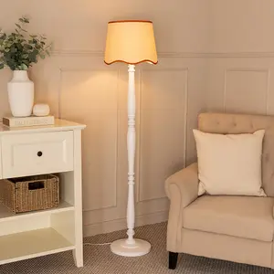 ValueLights Victoria White Wood Candlestick Floor Lamp with Linen Scallop Rust Trim Tapered Shade