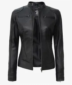 Womens Leather Moto Jacket | Black Cafe Racer Style