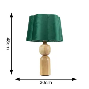 ValueLights Azalea Rustic Wooden Table Lamp with Forest Green Velvet Scallop Shade and LED Bulb