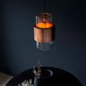 Luminosa Palermo Slim Pendant Ceiling Light Hammered Copper Plate, Textured Clear Glass