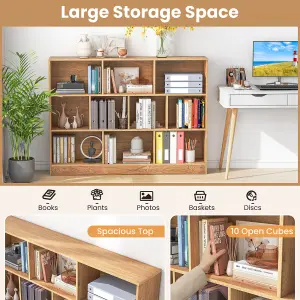 COSTWAY 10-Cube Bookshelf 140CM Wood Display Shelf 3-Tier Storage Organizer