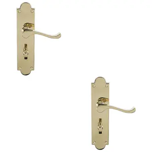 2 PACK - Victorian Bathroom Latch Door Handle - Polished Brass Lever On Shaped Backplate